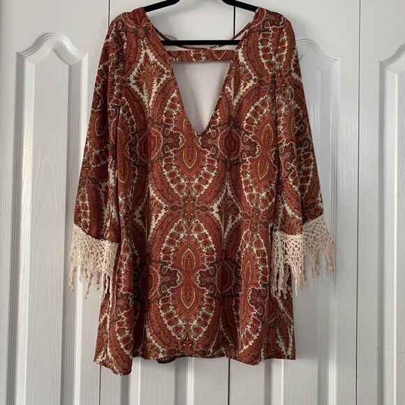 Lovemarks Dress Womens Small Red Paisley Long Sleeve Open Back Boho Crochet - Picture 2 of 10